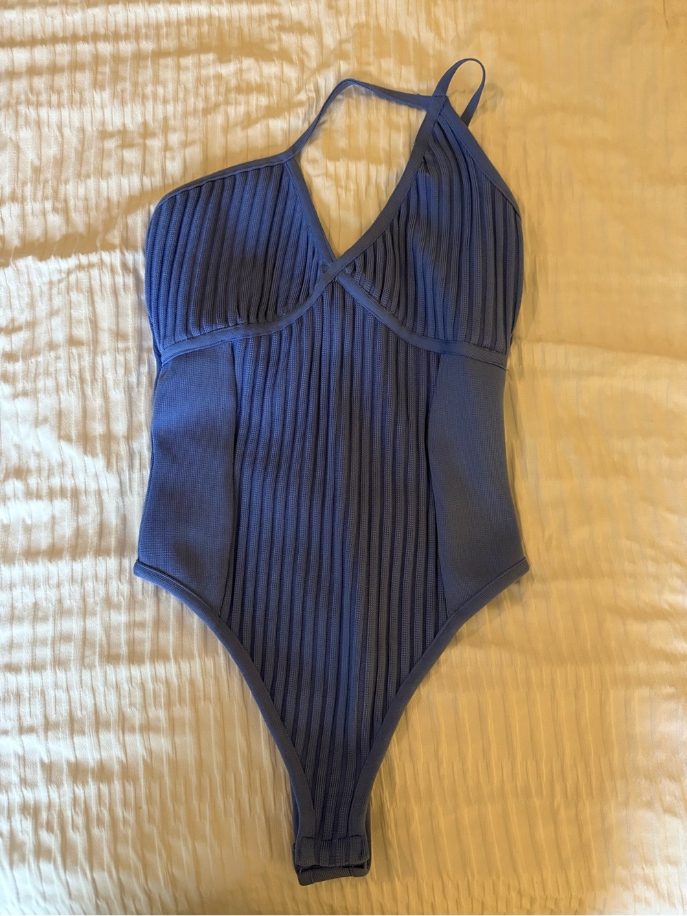 Lulu's Ribbed One-Shoulder Bodysuit in Blue